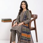 Premium 3-Piece Traditional Ajrak Print Lawn Suit - Women's Classic Black - White Block Printed Kurti with Dupatta & Trouser