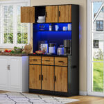 100x40x180cm, Kitchen Tall Cabinet, Pantry, Buffet Cupboard With LED App Controlled, Drawers, Adjustable Shelves, And Charging Station,  For Kitchens And Dining Rooms
