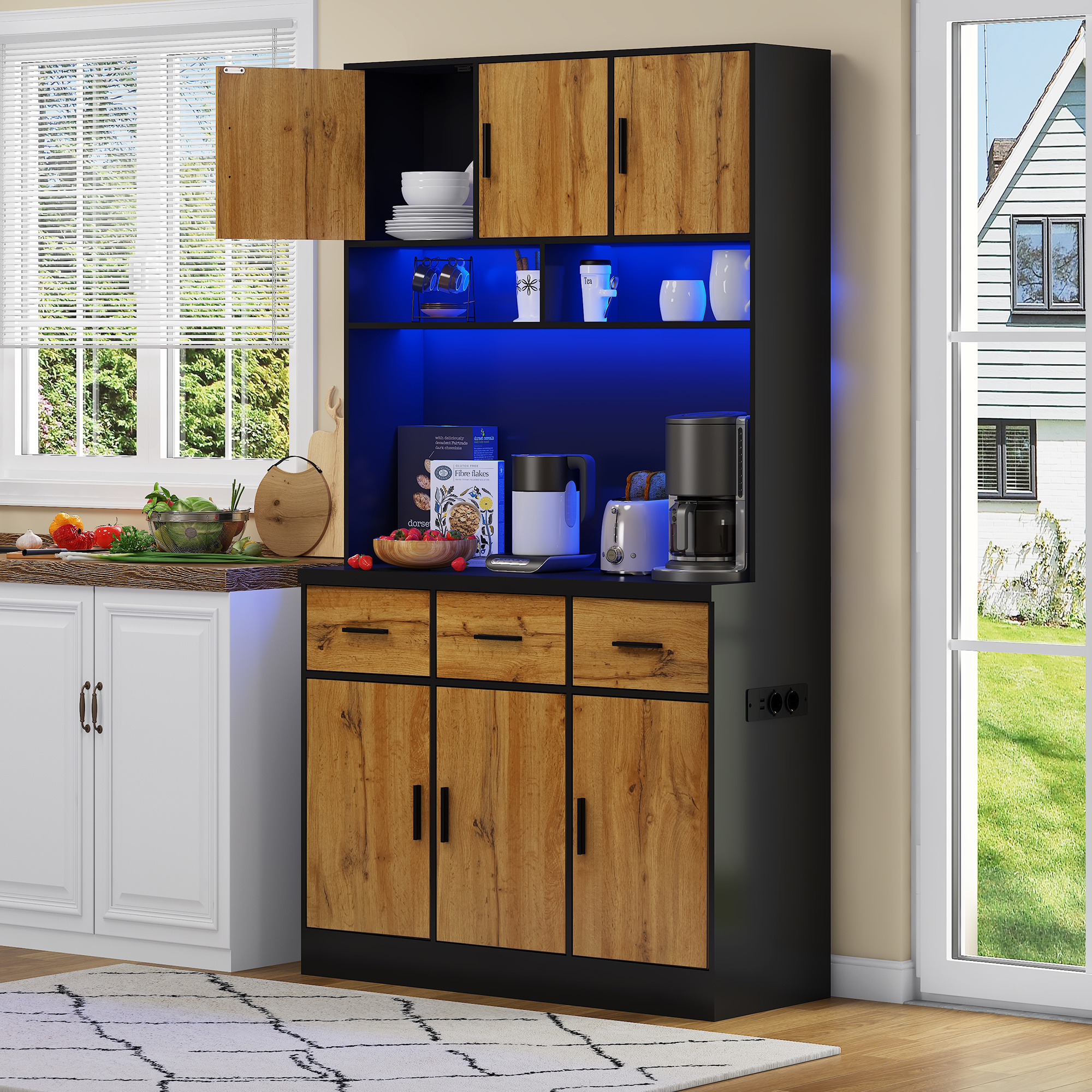 4a307476-893e-41d4-98f8-24ddf3b68ef3.jpg 100x40x180cm, Kitchen Tall Cabinet, Pantry, Buffet Cupboard With LED App Controlled, Drawers, Adjustable Shelves, And Charging Station, For Kitchens And Dining Rooms - Image 1