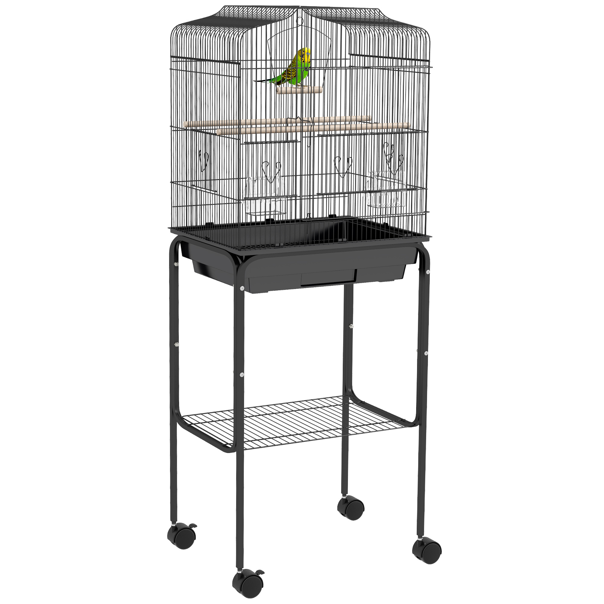 576bf7ef-8633-4bbe-8a21-00342cd252c5.jpg PawHut Bird Cage Budgie Cages For Finch Canary Parakeet With Stand Wheels Slide-out Tray Accessories Storage Shelf, Black - Image 1
