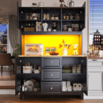 Snack Cabinet, Kitchen Cabinet 120 X 40 X 180 Cm, Tall Kitchen Dining Cabinet, Sideboard, Kitchen Cabinet With Three Drawers And LED Lighting, Suitable For Kitchen, Living Room, Dining Room, Black - Image 2