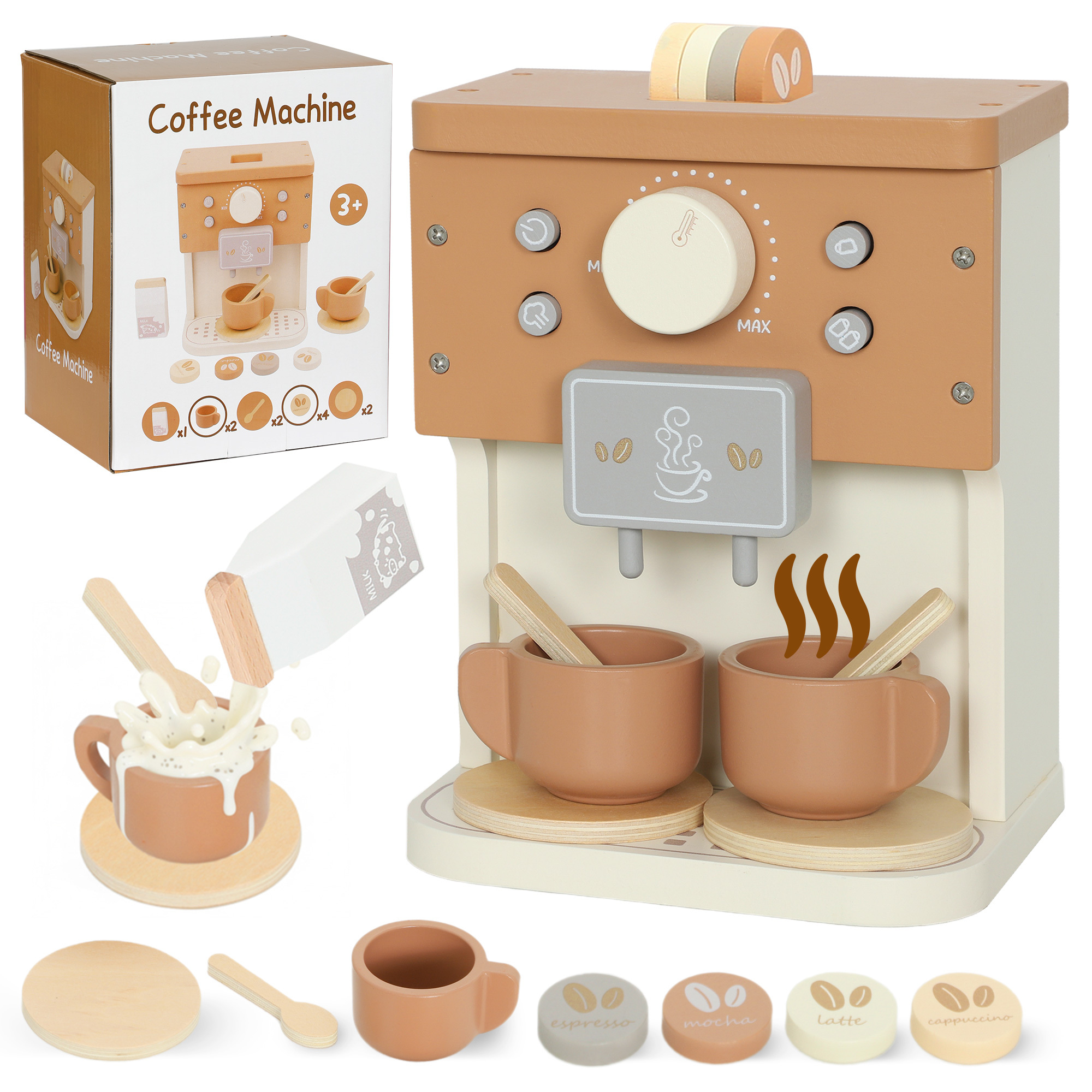 8c413d3e-d590-441c-81e8-f789ca4a235c.jpg Kids Wooden Coffee Machine Toy, Pretend Play Kitchen Accessories Gift For Boys And Girls Ages 3+ - Image 1