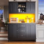 Snack Cabinet, Kitchen Cabinet 120 X 40 X 180 Cm, Tall Kitchen Dining Cabinet, Sideboard, Kitchen Cabinet With Three Drawers And LED Lighting, Suitable For Kitchen, Living Room, Dining Room, Black