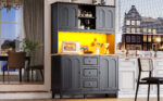 Snack Cabinet, Kitchen Cabinet 120 X 40 X 180 Cm, Tall Kitchen Dining Cabinet, Sideboard, Kitchen Cabinet With Three Drawers And LED Lighting, Suitable For Kitchen, Living Room, Dining Room, Black - Image 4