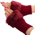Women’s Faux Fur Fingerless Knitted Winter Gloves – Maroon