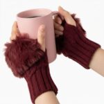 Women’s Faux Fur Fingerless Knitted Winter Gloves – Maroon - Image 2